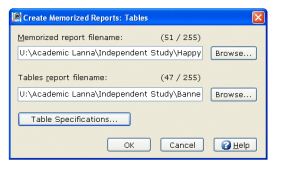 2. Enter Memorized report filename and Table report filename | Click Table Specifications